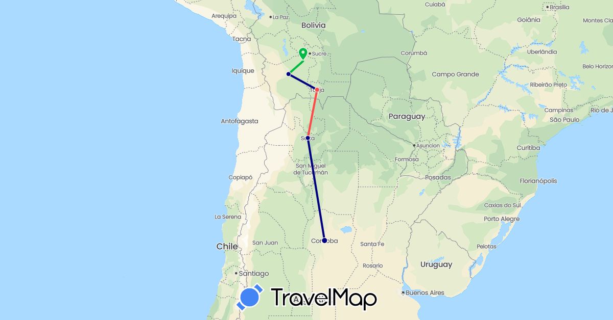 TravelMap itinerary: driving, bus, hiking in Argentina, Bolivia (South America)